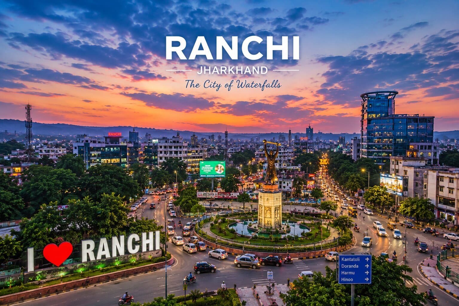 Jamshedpur to Ranchi Taxi Ranchi city skyline at sunset — book Jamshedpur to Ranchi taxi & cab service, fare from ₹2499